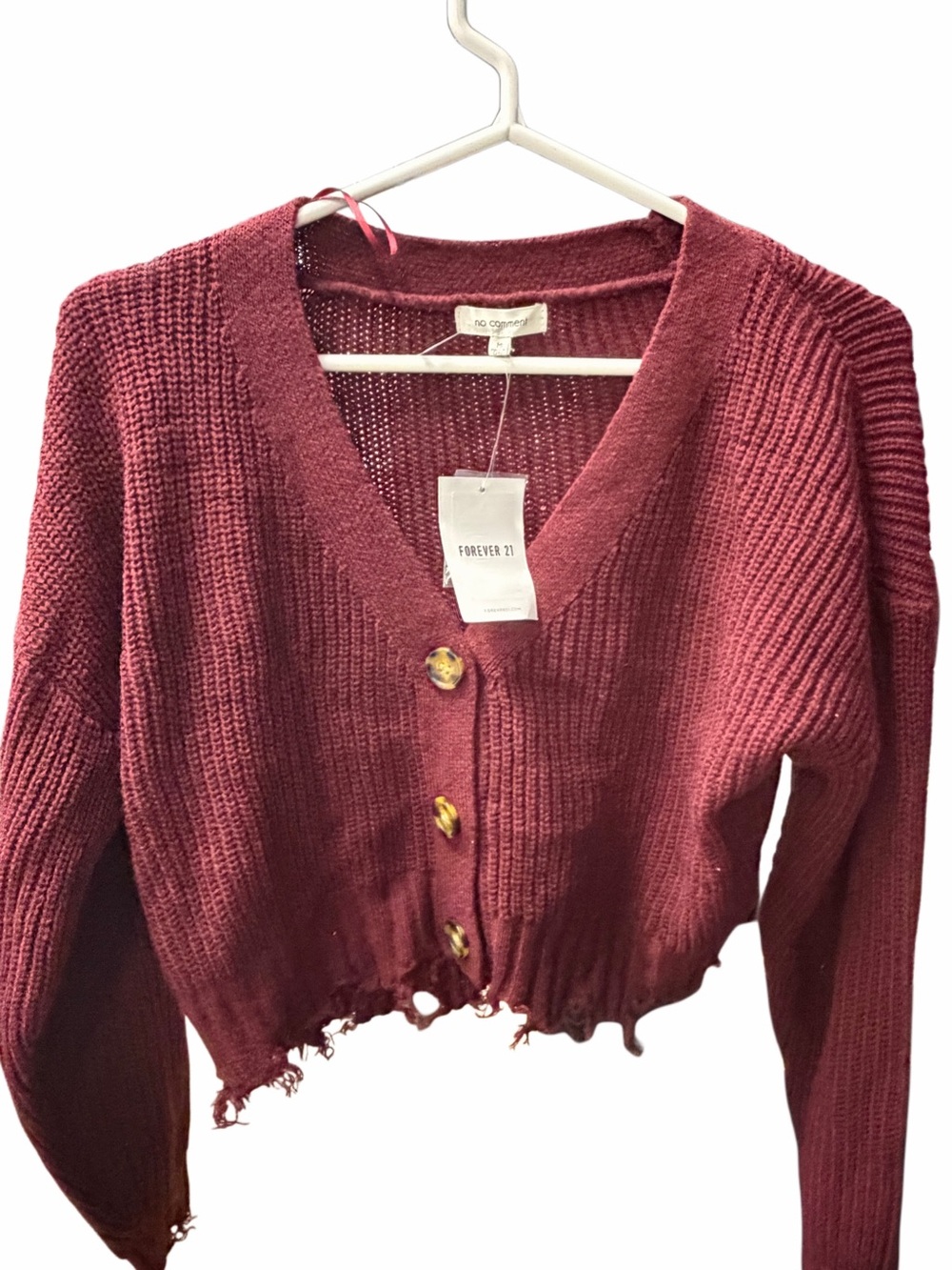 NWT FOREVER 21/NO COMMENT Distressed Cropped Cardigan- Maroon/Burgundy (Size: M)
